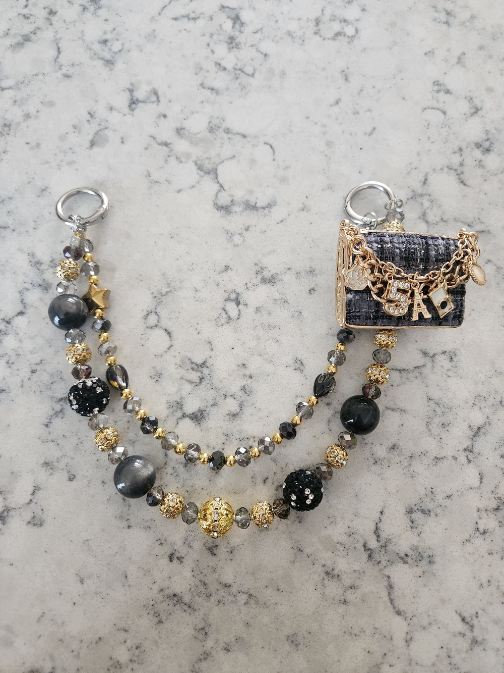 Gold & Black Beaded Bag Charm